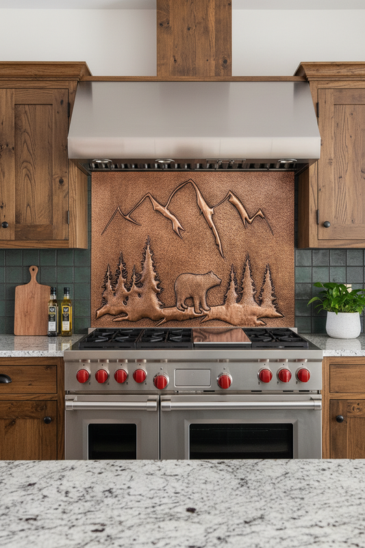 Copper bear backsplash rustic cabin kitchen natural copper wilderness 48-60 inches