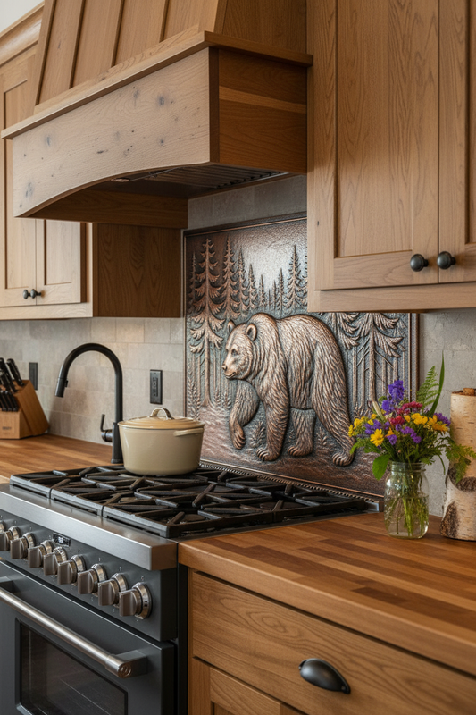 Copper Bear Forest Panel Kitchen Backsplash in Wilderness Cabin with Butcher Block Counters