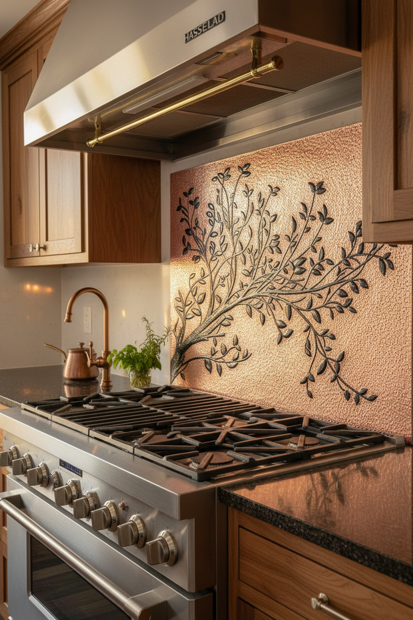 Copper Black Tree Branches Backsplash Large Panel EXTREMELY CLOSE Angled Left View Handmade Kitchen Wall Art Ultra Luxury Rustic Farmhouse Kitchen Stove Backsplash