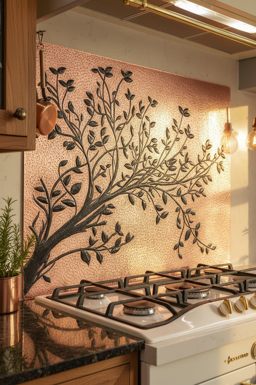 Copper Black Tree Branches Backsplash Large Panel EXTREMELY CLOSE Angled Right View Handmade Kitchen Wall Art Ultra Luxury Rustic Farmhouse Kitchen Stove Backsplash