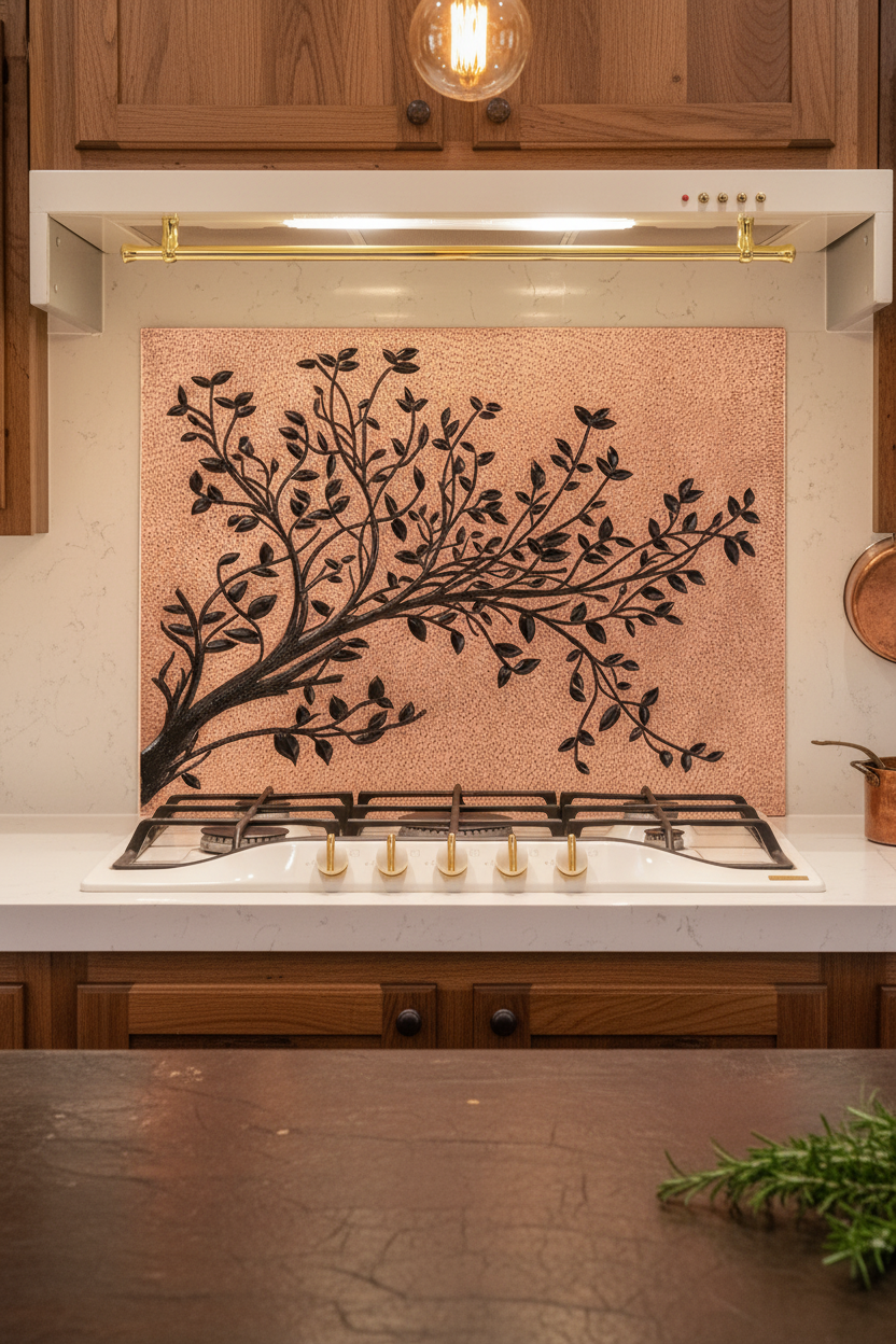 Copper Black Tree Branches Backsplash Large Panel EXTREMELY CLOSE Front Direct View Handmade Kitchen Wall Art Ultra Luxury Rustic Farmhouse Kitchen Stove Backsplash