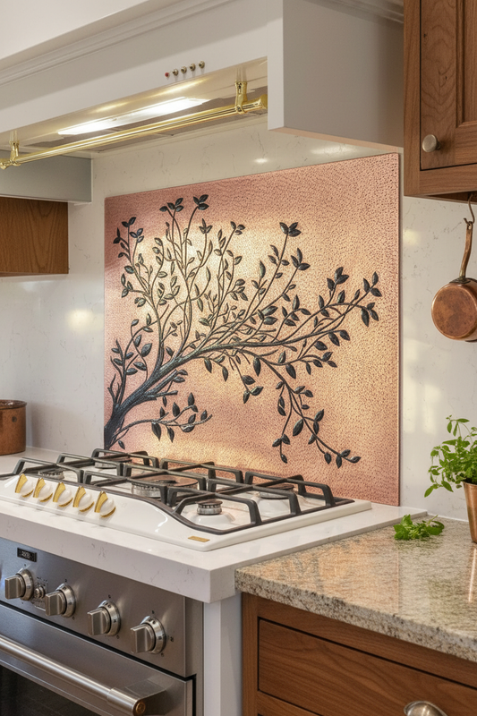 Copper Black Tree Branches Backsplash Large Panel EXTREMELY CLOSE Slight Angled Left View Handmade Kitchen Wall Art Ultra Luxury Rustic Farmhouse Kitchen Stove Backsplash