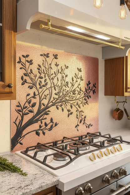 Copper Black Tree Branches Backsplash Large Panel EXTREMELY CLOSE Slight Angled Right View Handmade Kitchen Wall Art Ultra Luxury Rustic Farmhouse Kitchen Stove Backsplash
