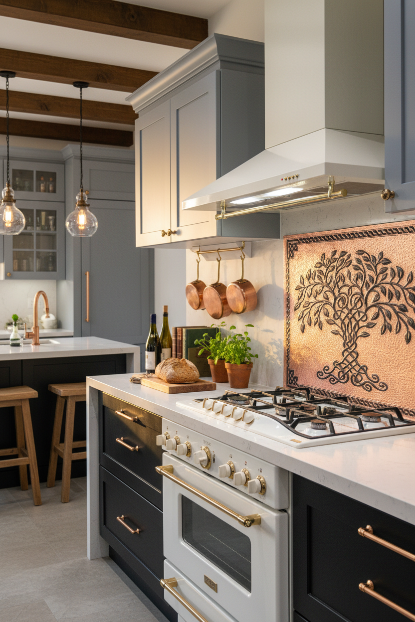Copper Black Tree of Life Backsplash Close-Up Angled Left View Ultra-Luxury Modern Kitchen