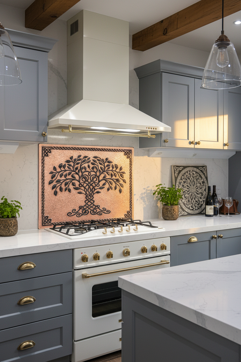 Copper Black Tree of Life Backsplash Close-Up Angled Right View Ultra-Luxury Contemporary Celtic Kitchen