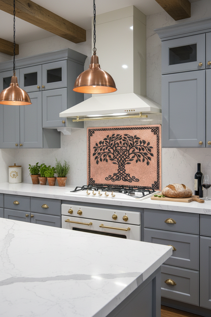 Copper Black Tree of Life Backsplash Close-Up Detailed View Ultra-Luxury Transitional Kitchen