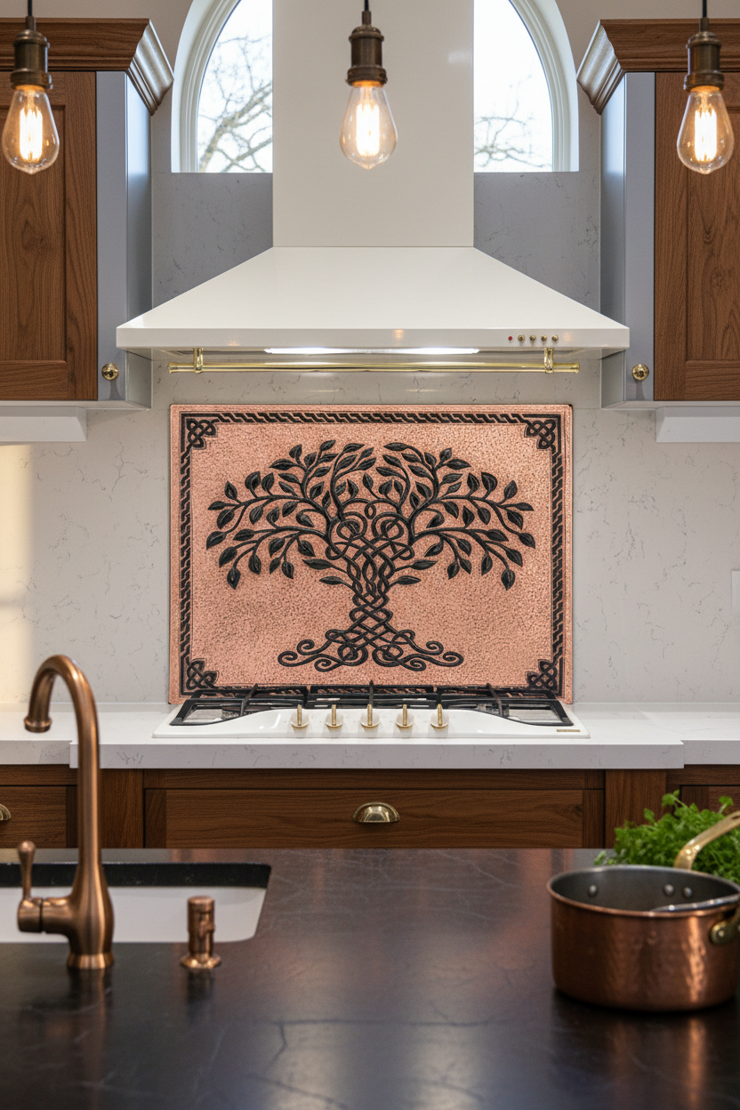 Copper Black Tree of Life Backsplash Closest Front Direct View Ultra-Luxury Celtic-Inspired Kitchen