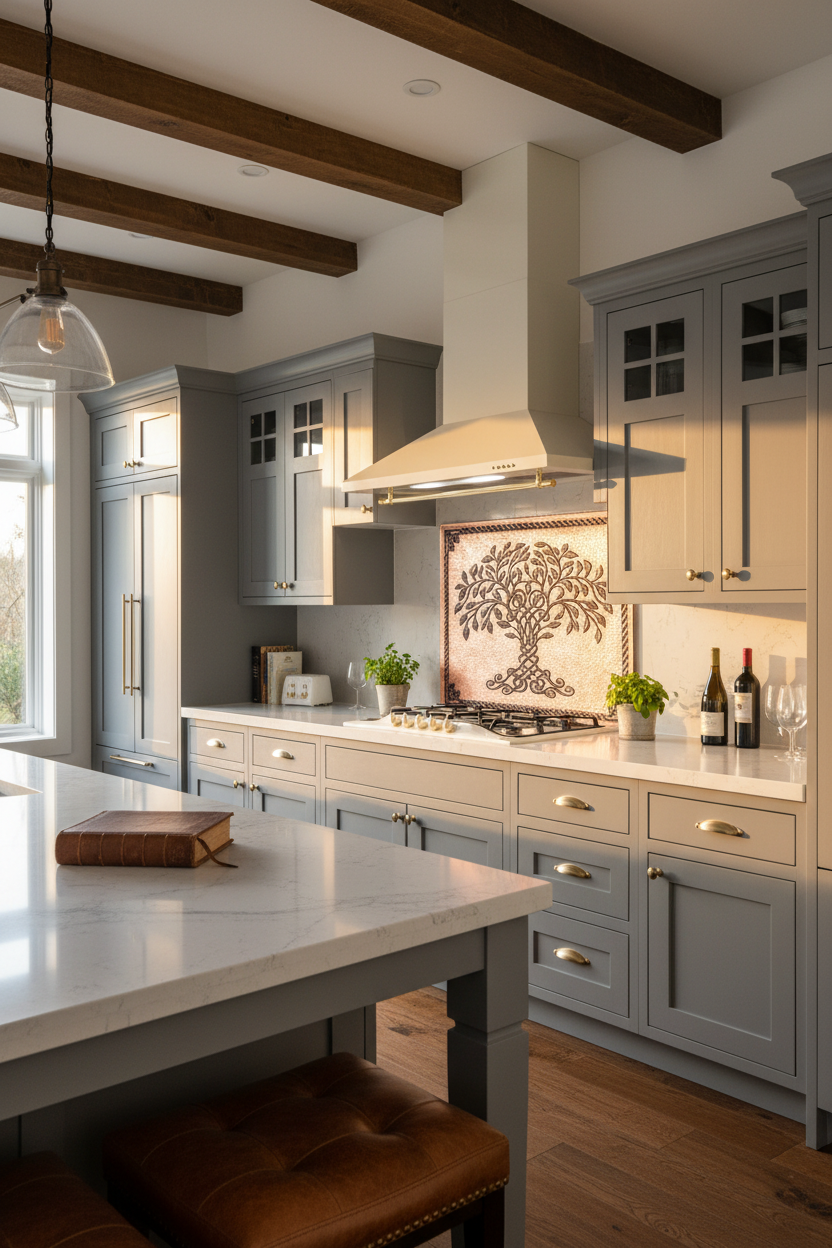 Copper Black Tree of Life Backsplash LARGE Panel Angled View Ultra-Luxury Contemporary Celtic Kitchen