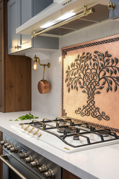 Copper Black Tree of Life Backsplash Large Panel EXTREMELY CLOSE Angled Left View Handmade Kitchen Wall Art Ultra Luxury Rustic Farmhouse Kitchen Stove Backsplash