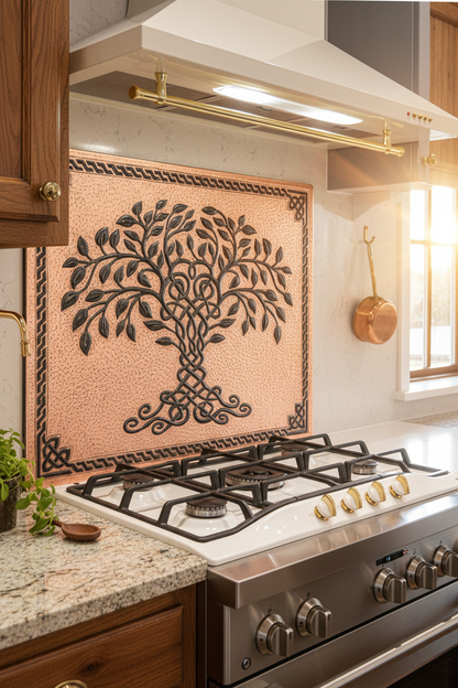 Copper Black Tree of Life Backsplash Large Panel EXTREMELY CLOSE Angled Right View Handmade Kitchen Wall Art Ultra Luxury Rustic Farmhouse Kitchen Stove Backsplash