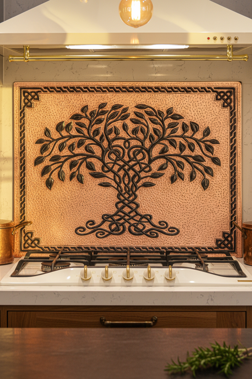 Copper Black Tree of Life Backsplash Large Panel EXTREMELY CLOSE Front Direct View Handmade Kitchen Wall Art Ultra Luxury Rustic Farmhouse Kitchen Stove Backsplash