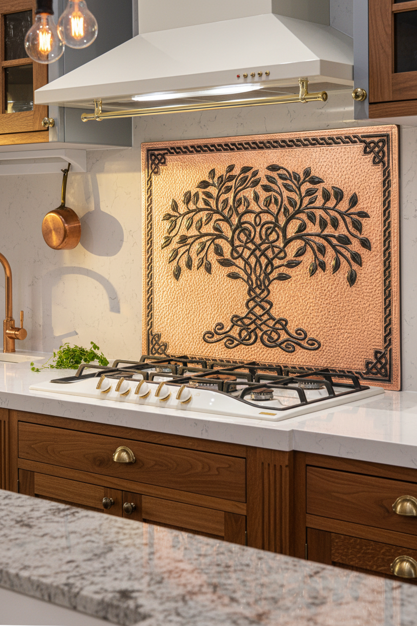 Copper Black Tree of Life Backsplash Large Panel EXTREMELY CLOSE Slight Angled Left View Handmade Kitchen Wall Art Ultra Luxury Rustic Farmhouse Kitchen Stove Backsplash
