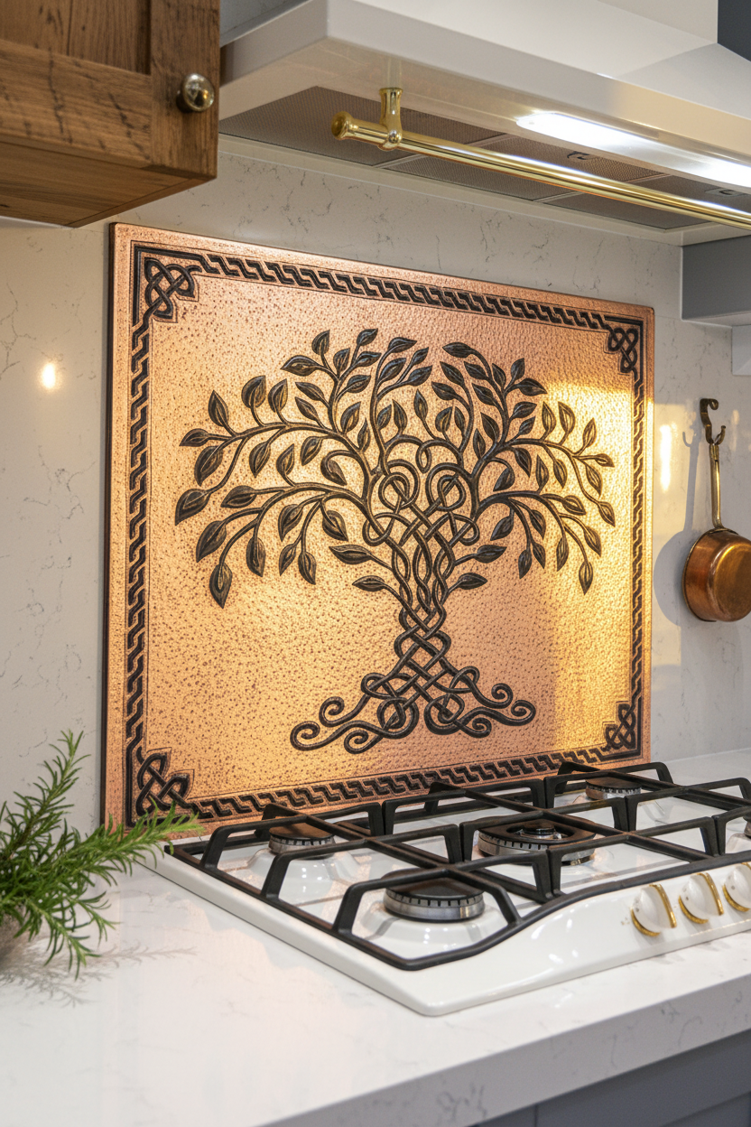 Copper Black Tree of Life Backsplash Large Panel EXTREMELY CLOSE Slight Angled Right View Handmade Kitchen Wall Art Ultra Luxury Rustic Farmhouse Kitchen Stove Backsplash