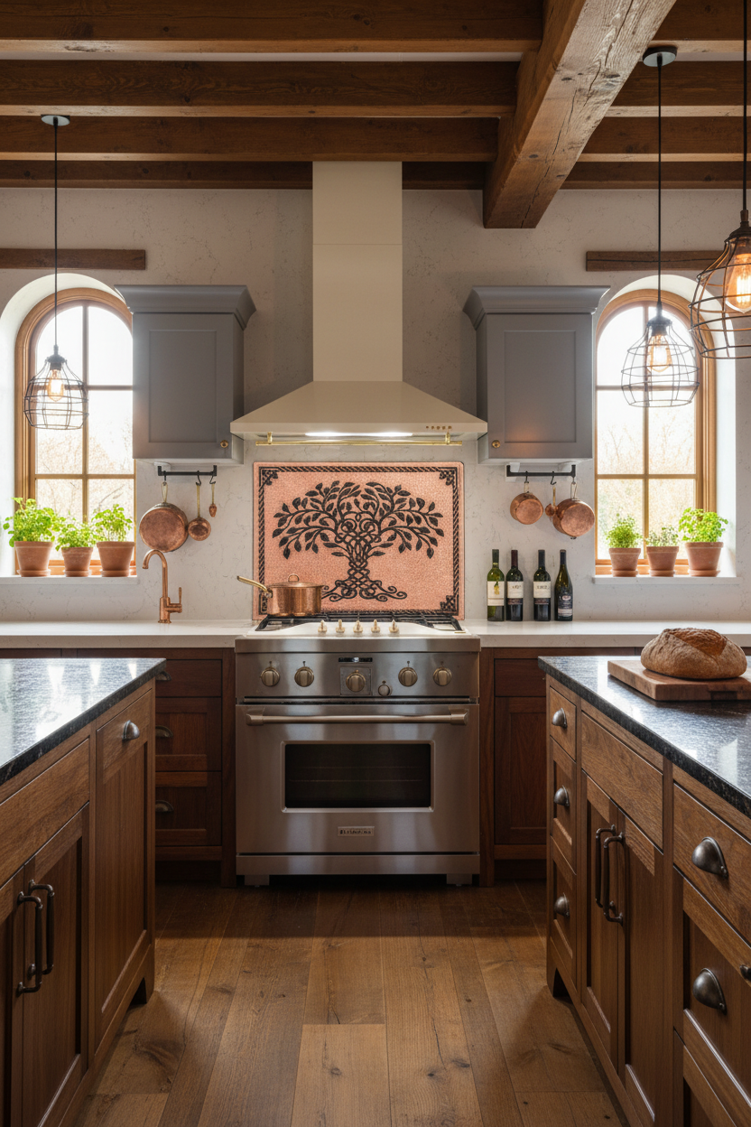 Copper Black Tree of Life Backsplash LARGE Panel Front View Ultra-Luxury Celtic-Inspired Kitchen