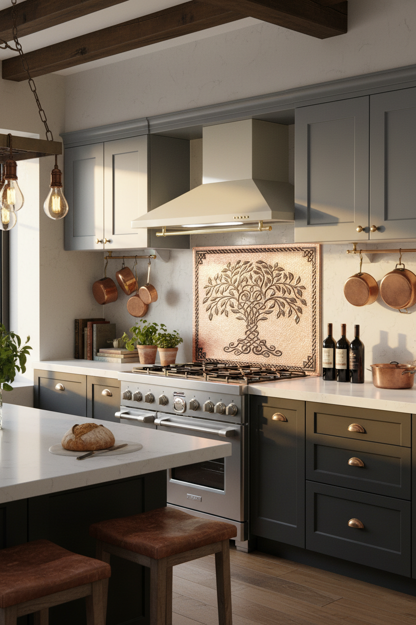 Copper Black Tree of Life Backsplash LARGE Panel Perspective View Ultra-Luxury Modern Kitchen