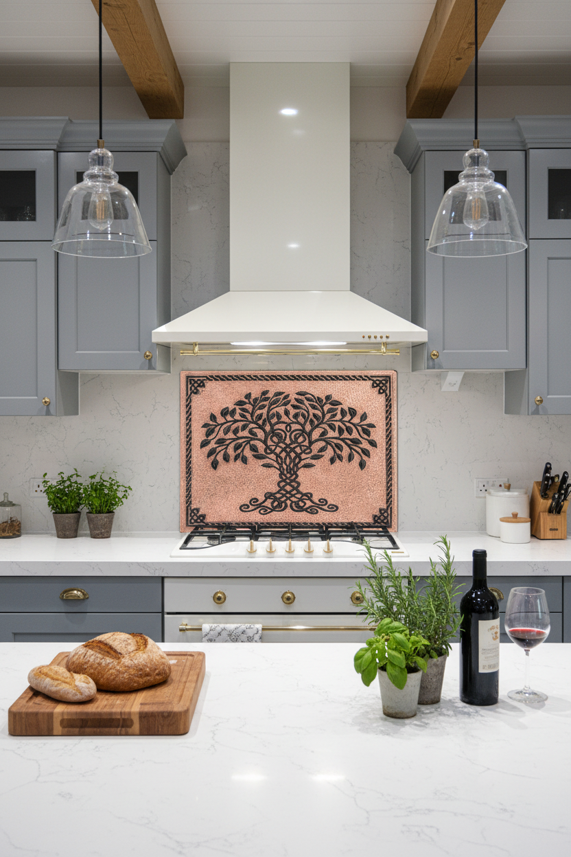 Copper Black Tree of Life Backsplash LARGE Panel Wide View Ultra-Luxury Transitional Kitchen