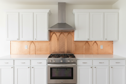 Copper Centered Stove Backsplash — Gothic Arch, 3 Symmetric Panels