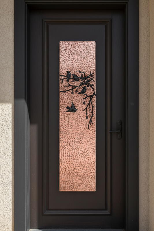 Copper Decorative Door Panel Birds Tree Branches - close-up front view