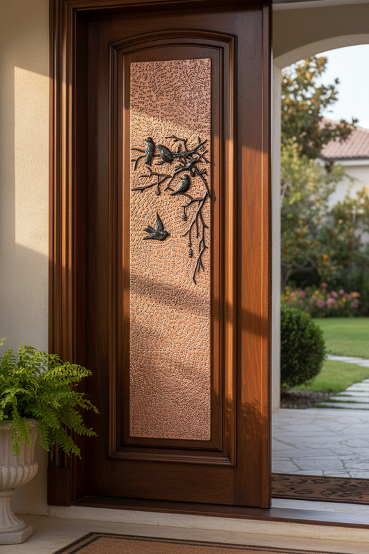 Copper Decorative Door Panel Birds Tree Branches - home entrance