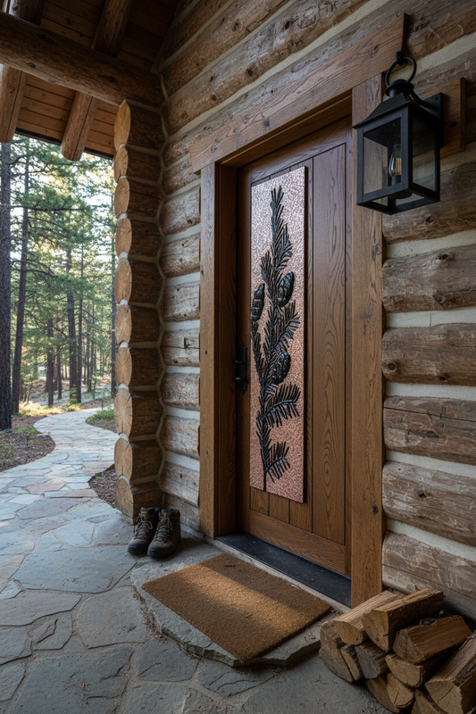 Copper Decorative Door Panel Pine Tree Branches - rustic entrance