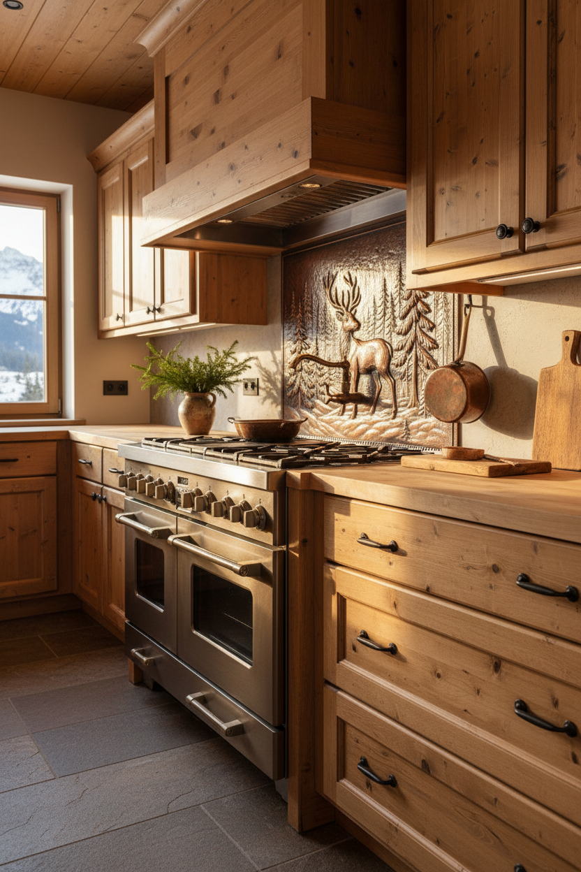 Copper Deer Forest Panel Backsplash in Alpine Chalet Kitchen with Honey Pine Cabinets