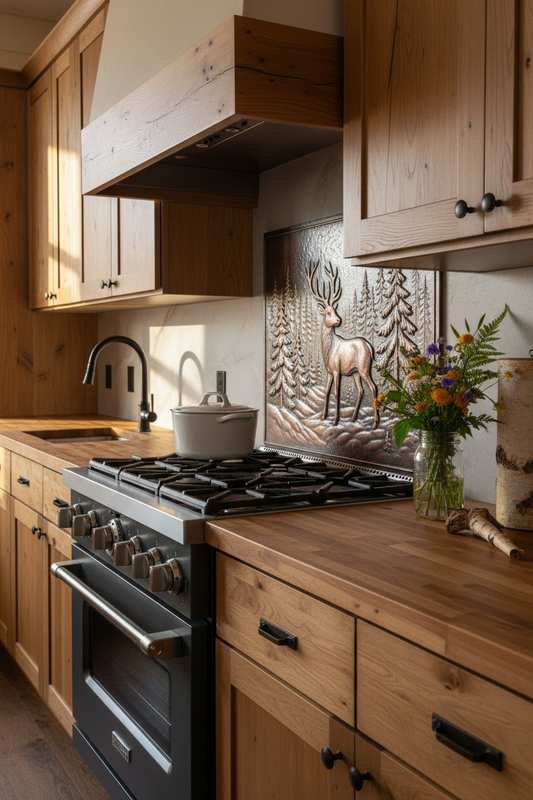Copper Deer Forest Panel Kitchen Backsplash in Wilderness Cabin with Butcher Block Counters