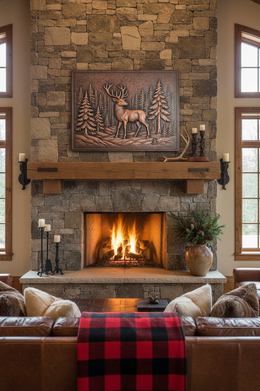 Copper Deer Forest Panel Wall Art Above Stone Fireplace in Hunting Lodge