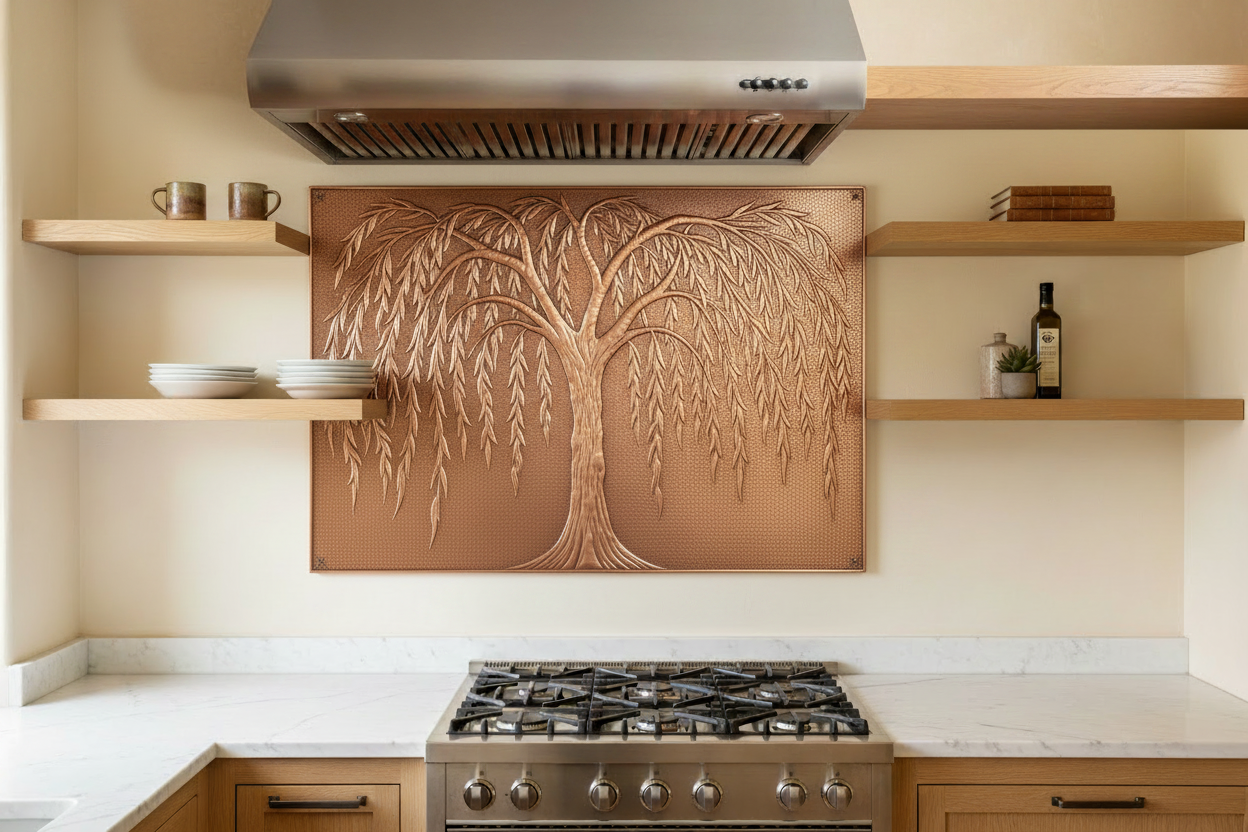 Copper Floating-Shelf — Weeping Willow, Single 60x30 Panel Behind Shelves