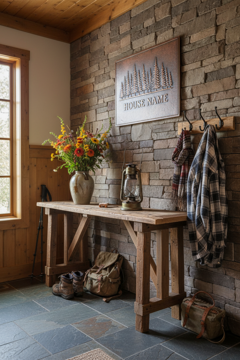 Copper House Name Sign - 24x36 inch in lodge entryway