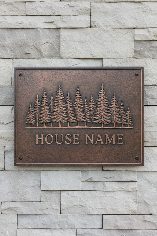 Copper House Name Sign with Pine Trees - 30x48 inch close-up front view