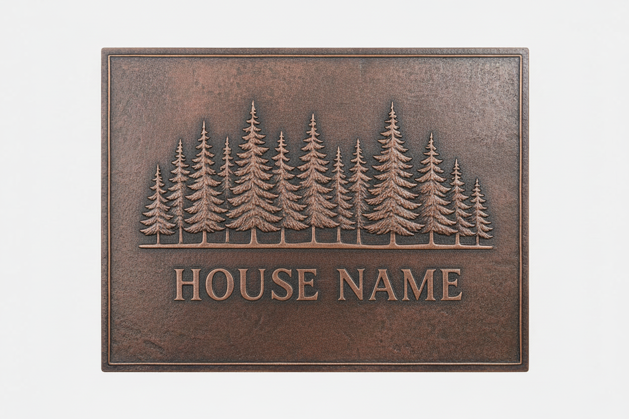 Copper House Name Sign with Pine Trees brown patina