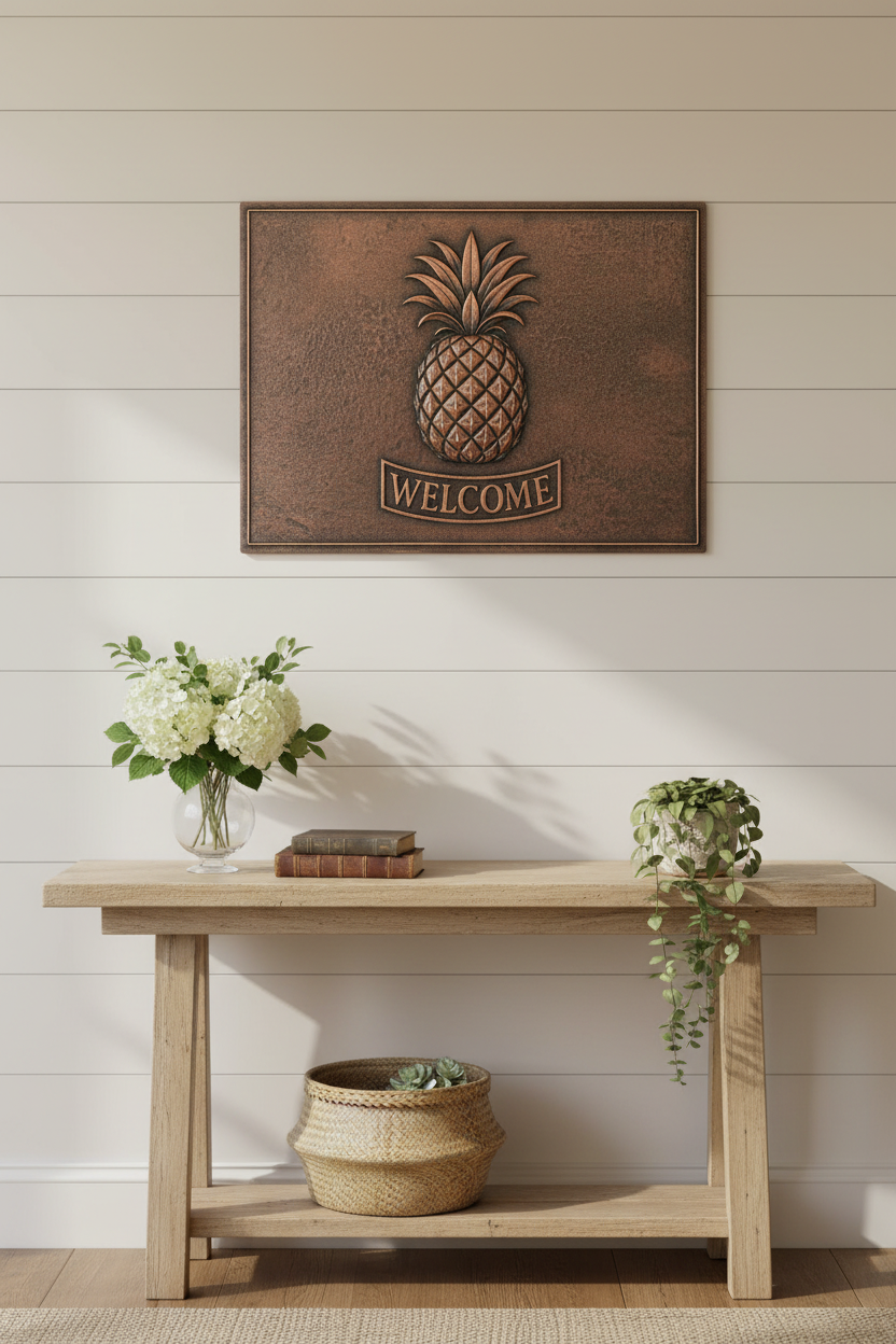Copper Pineapple Welcome Sign in Farmhouse Entryway with Shiplap Wall