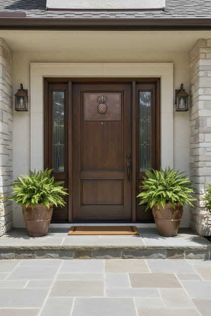 Copper Pineapple Welcome Sign Near Front Door Entrance with Potted Plants