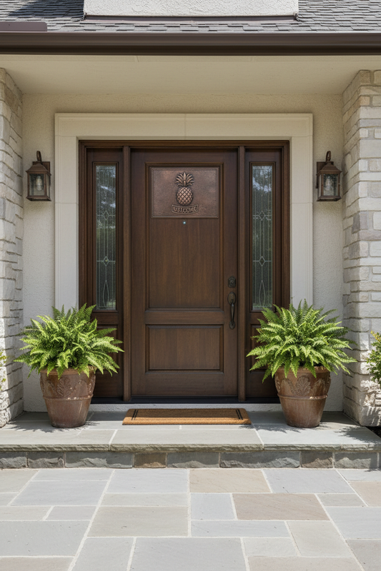 Copper Pineapple Welcome Sign Near Front Door Entrance with Potted Plants