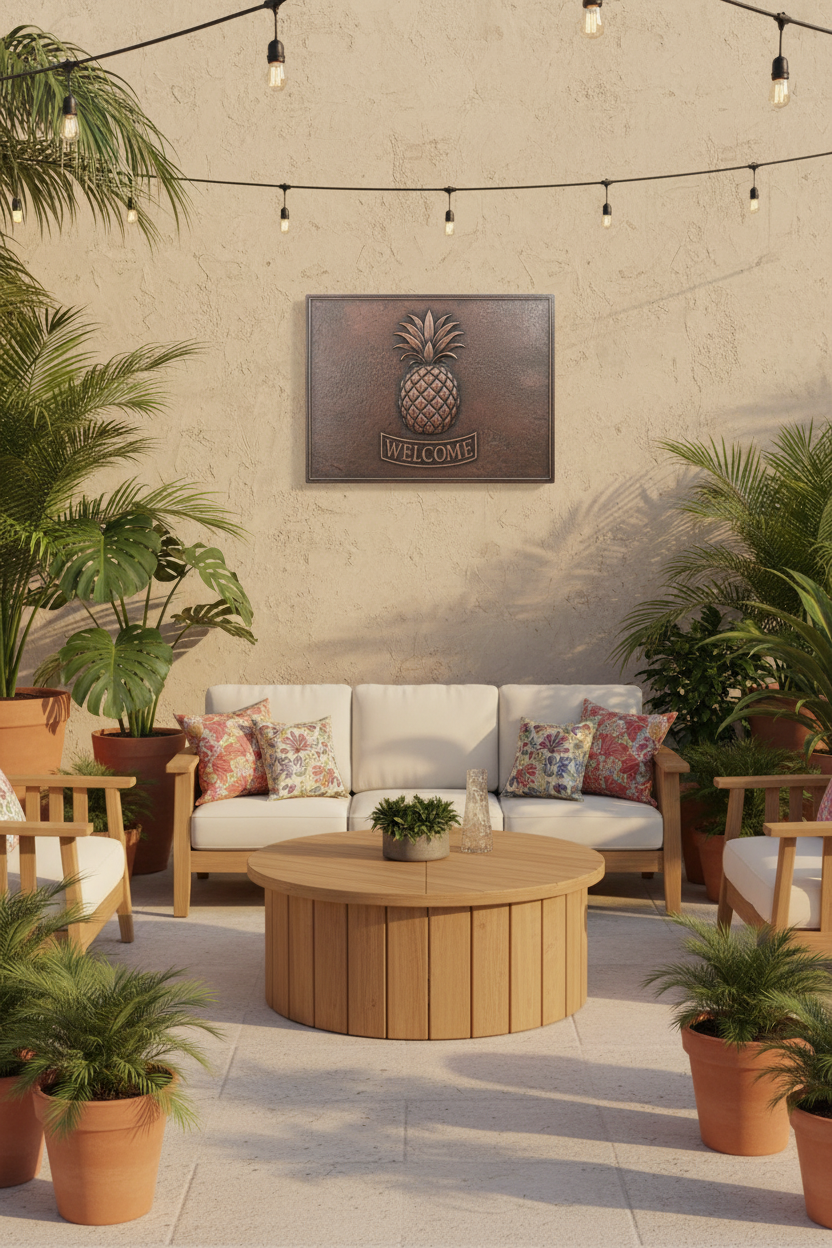 Copper Pineapple Welcome Sign on Outdoor Patio Wall with Tropical Plants