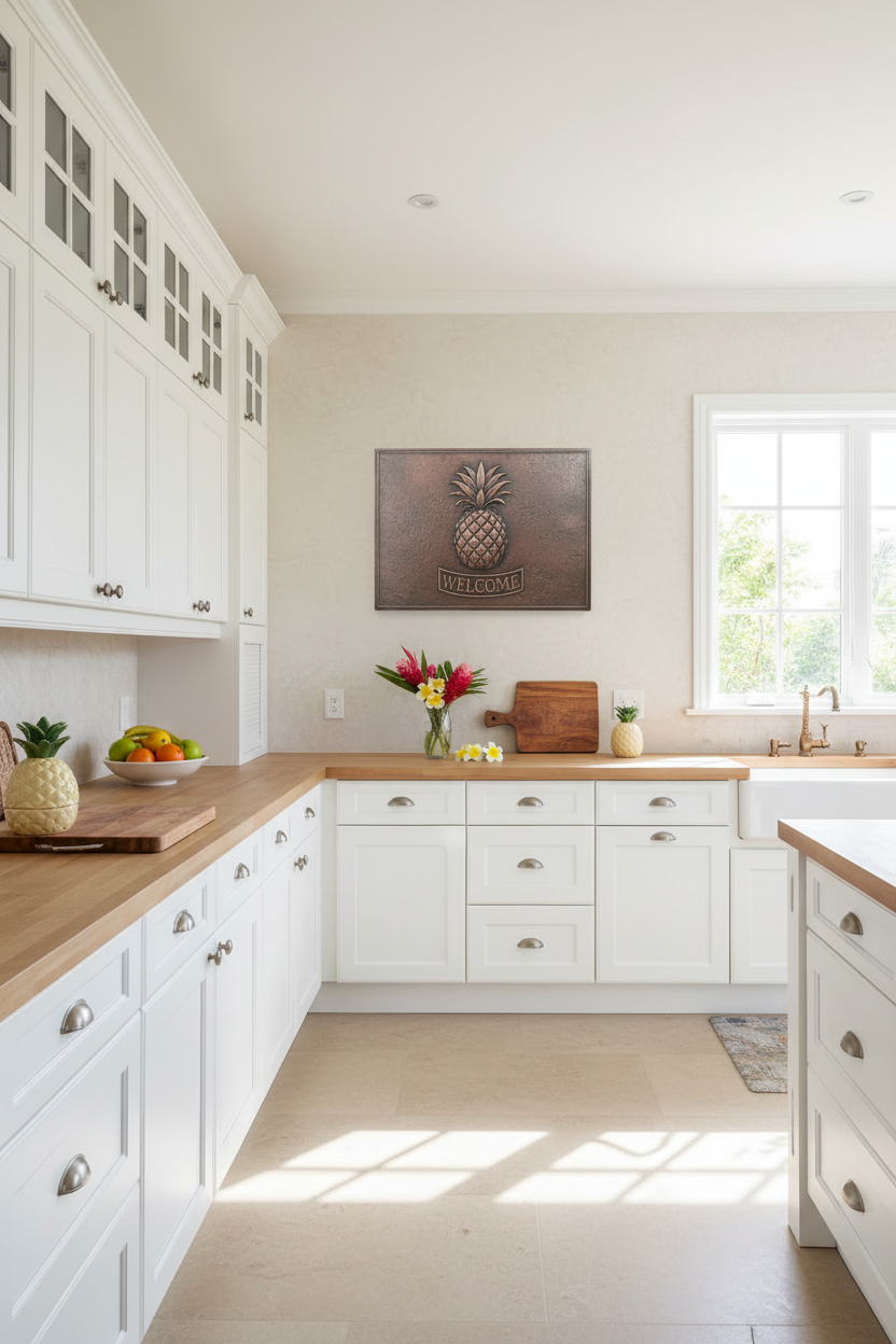 Copper Pineapple Welcome Sign Wall Art in Tropical Kitchen with White Cabinets