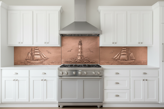 Copper Professional Range Backsplash — Coastal Full Scene