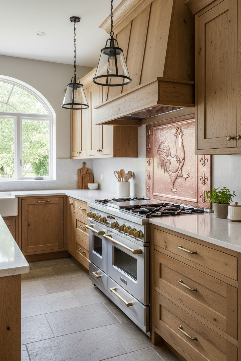 Copper Rooster Fleur De Lys Backsplash - European farmhouse kitchen