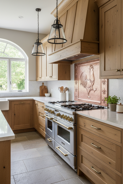 Copper Rooster Fleur De Lys Backsplash - European farmhouse kitchen