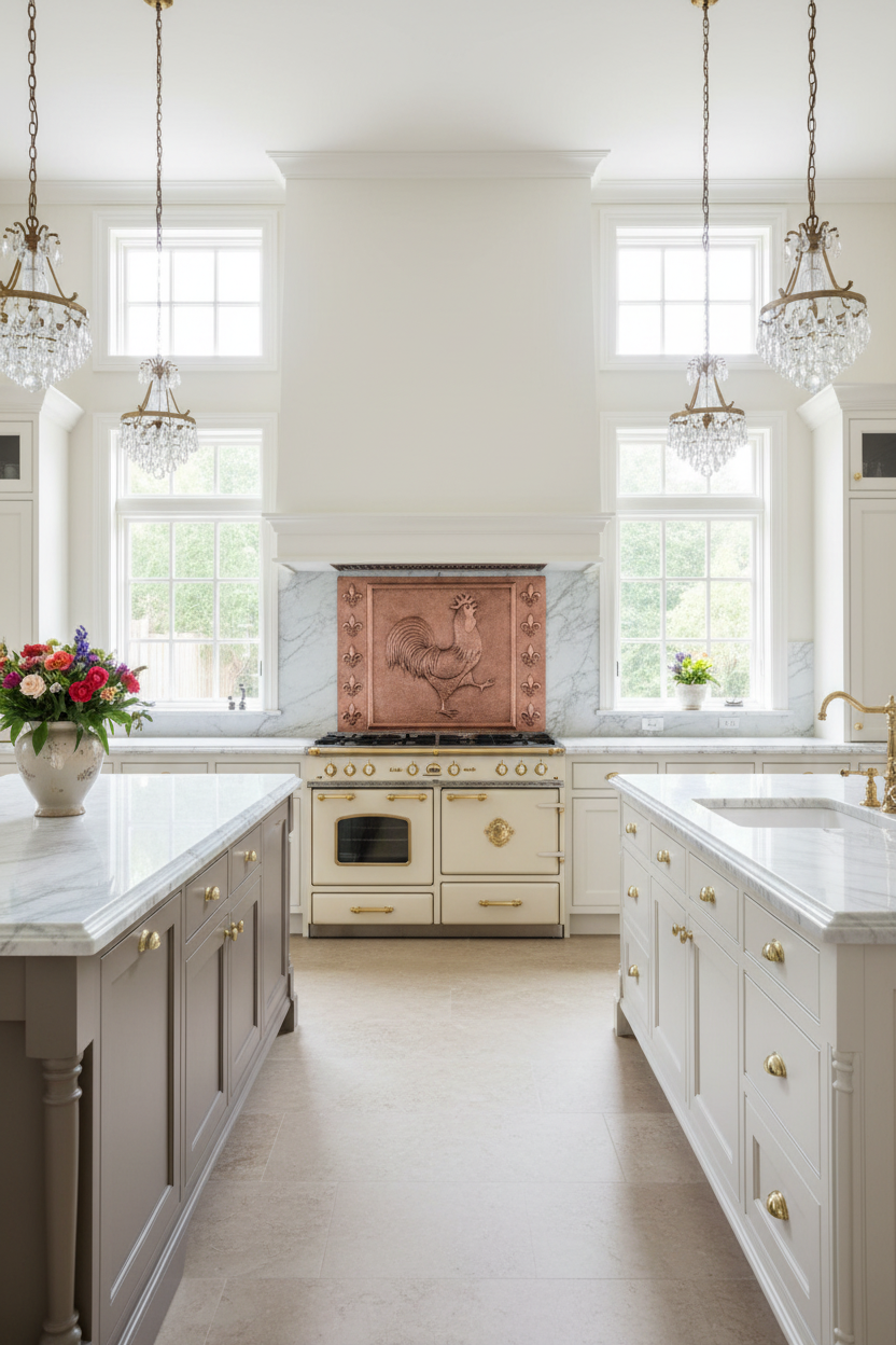 Copper Rooster Fleur De Lys Backsplash - French country kitchen stove