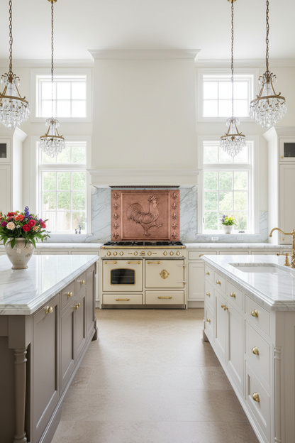 Copper Rooster Fleur De Lys Backsplash - French country kitchen stove