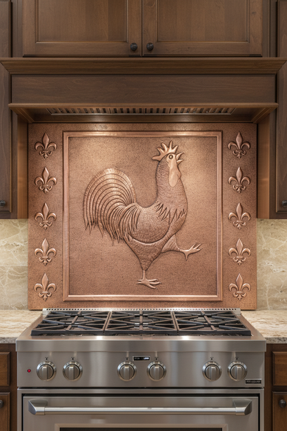 Copper Rooster Fleur De Lys Backsplash - front close-up view
