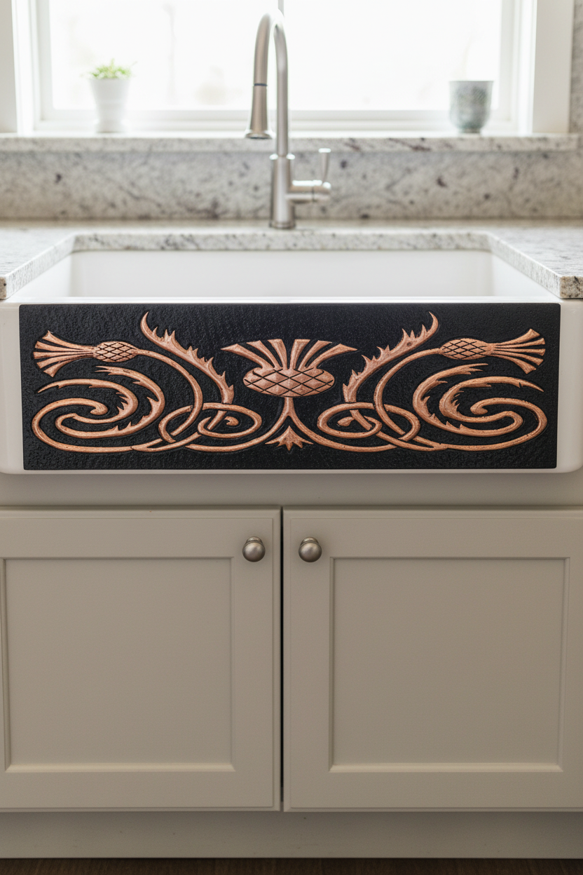 Copper Sink Apron Panel Scottish Thistles - close-up front view
