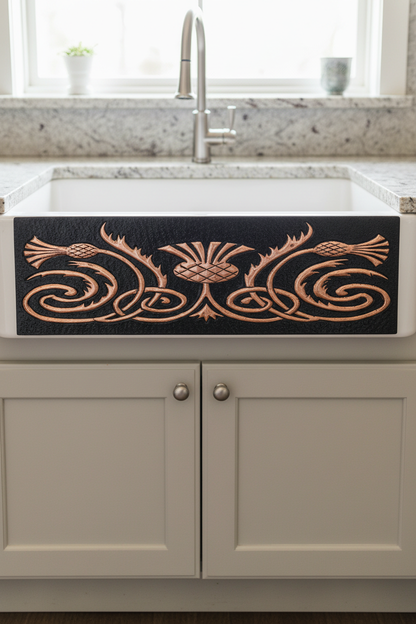 Copper Sink Apron Panel Scottish Thistles - close-up front view