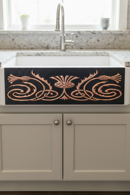 Copper Sink Apron Panel Scottish Thistles - close-up front view