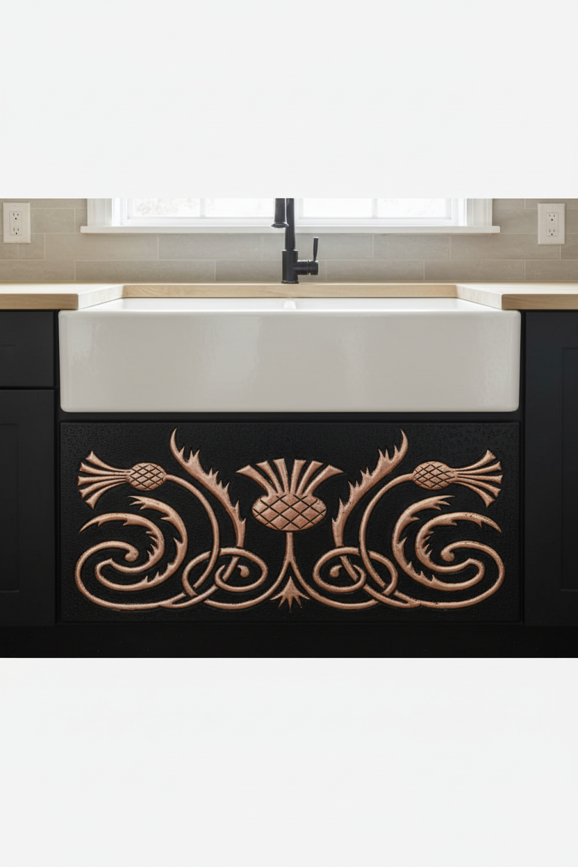 Copper Sink Apron Panel Scottish Thistles - large wide sink close-up