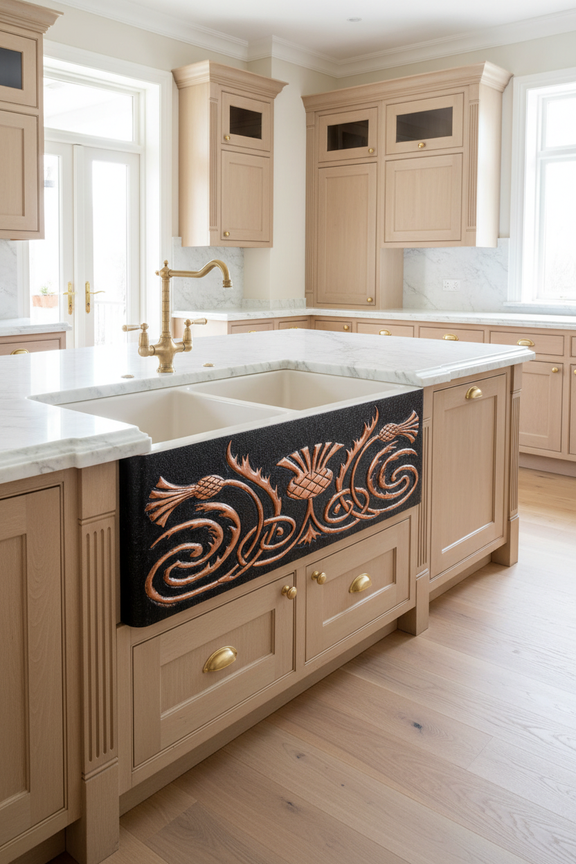 Copper Sink Apron Panel Scottish Thistles - luxury kitchen wide sink
