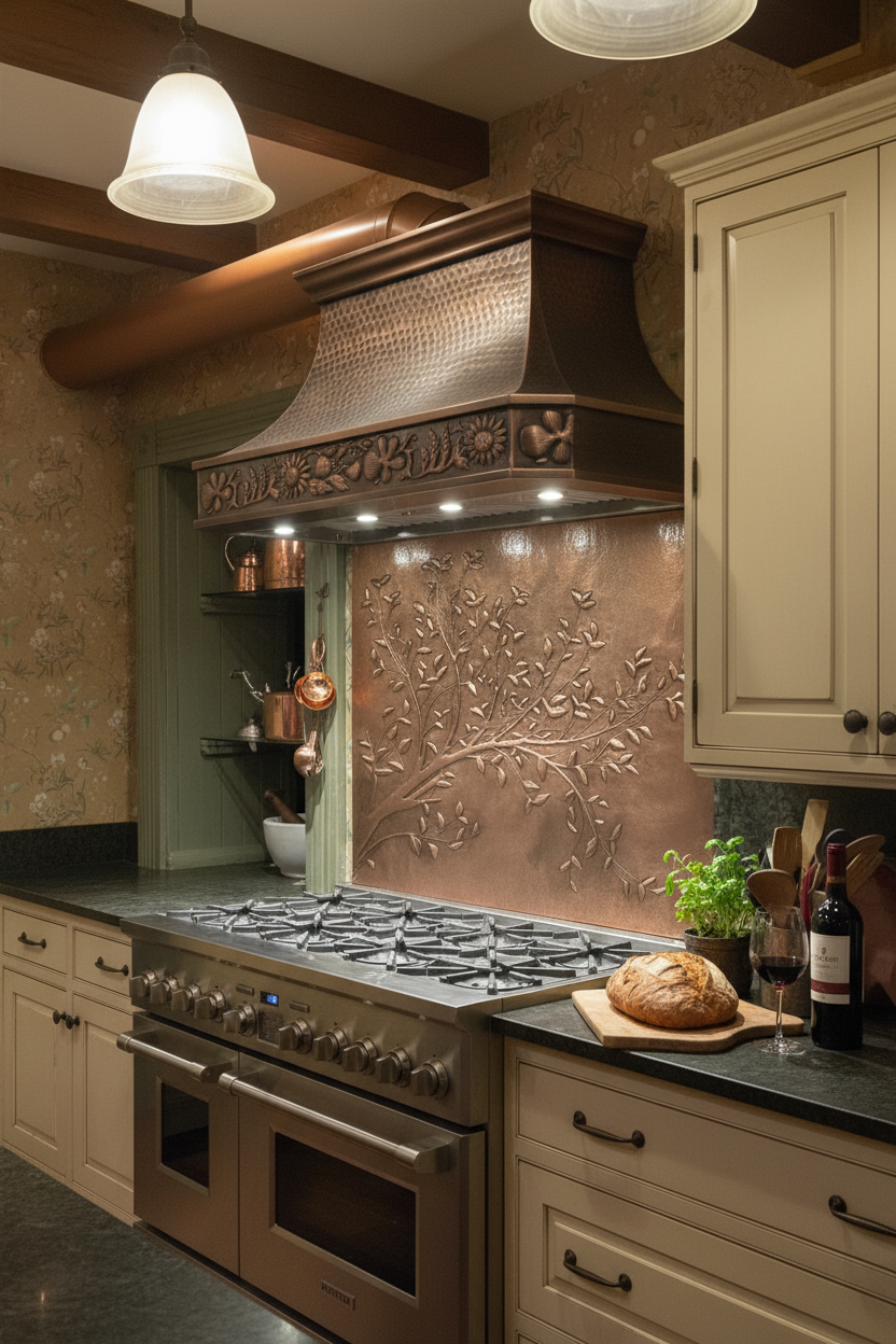 Copper Tree Branches Backsplash Close Angled Right View Ultra-Luxury Transitional Kitchen