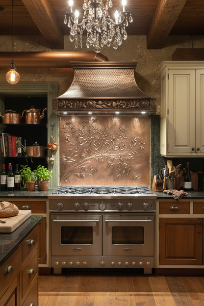 Copper Tree Branches Backsplash Close Front Direct View Ultra-Luxury Rustic Farmhouse Kitchen