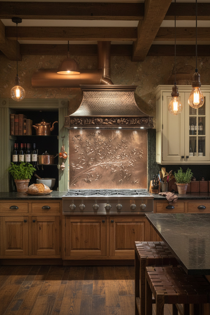 Copper Tree Branches Backsplash Close Wide Front View Ultra-Luxury Rustic Farmhouse Kitchen